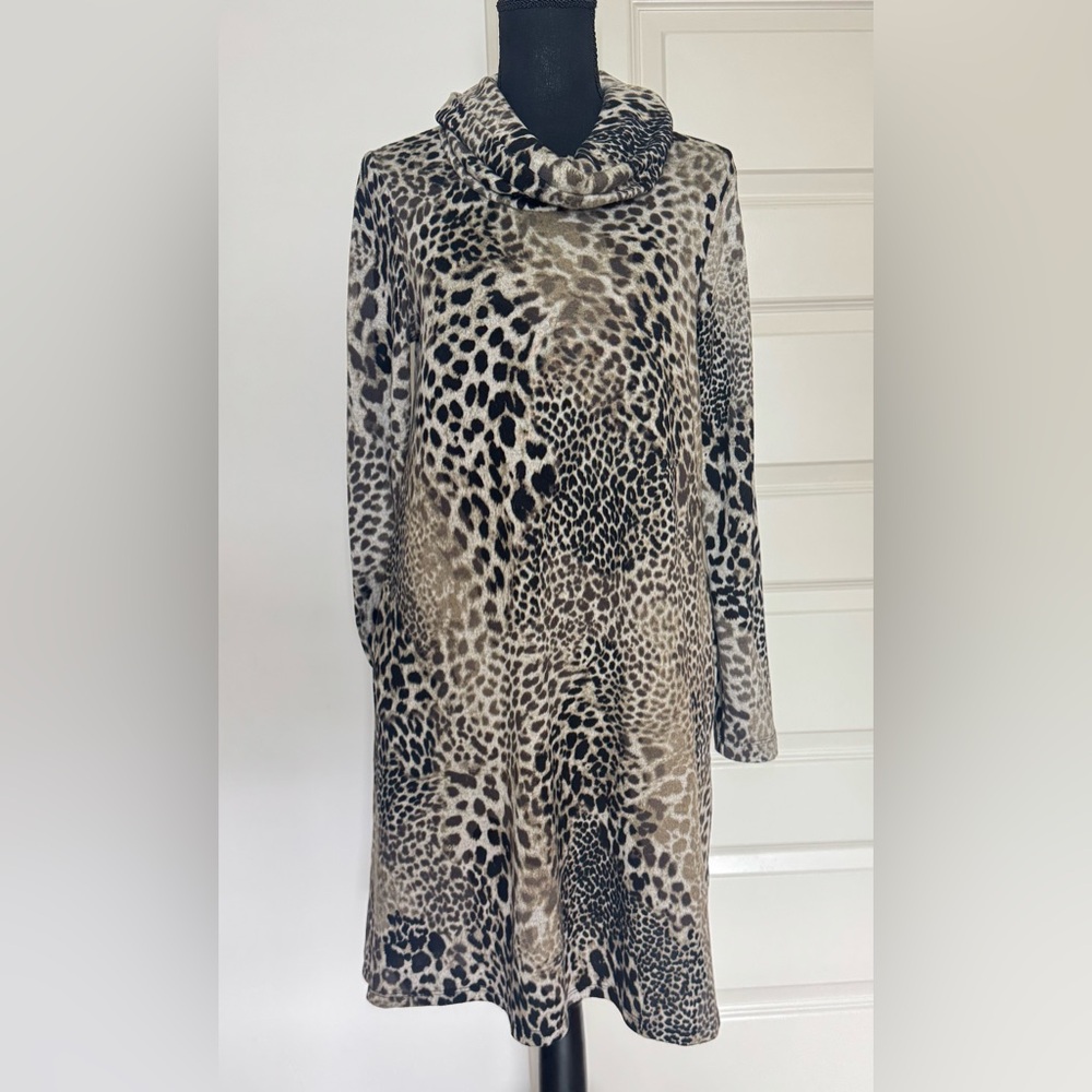 APT.9 Long Sleeve COWLNECK RIB SWING Dress Animal Print Size Medium